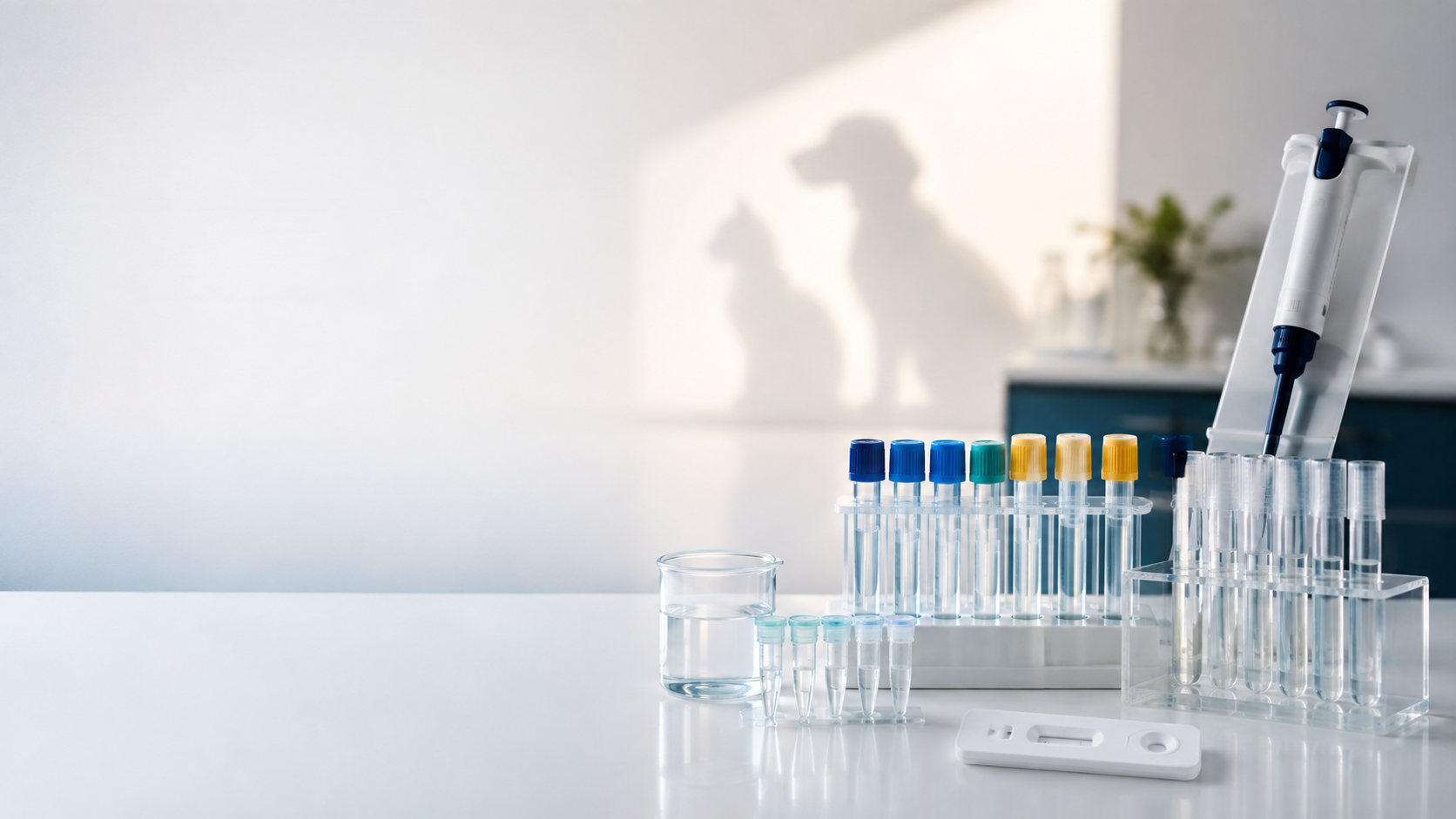 Veterinary diagnostic sample tubes with a cat and dog silhouette in the background