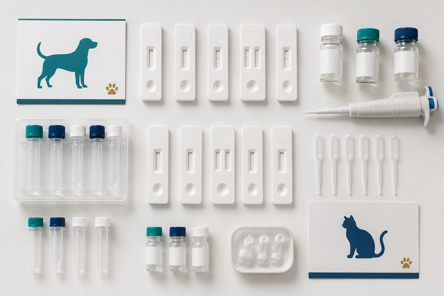 Veterinary rapid test cassettes and sample vials arranged for laboratory use
